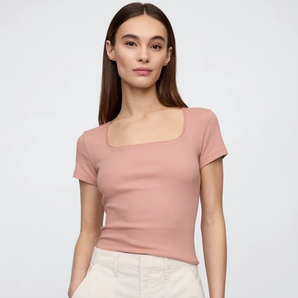 Gap Ribbed Scoopneck Short Sleeve Top Tee Small S Antique Pink